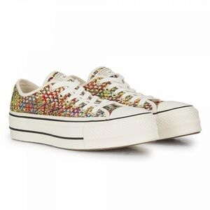 Converse All Star Lift Ox Woven Crochet Low Platform Sneakers in Egret/Multi